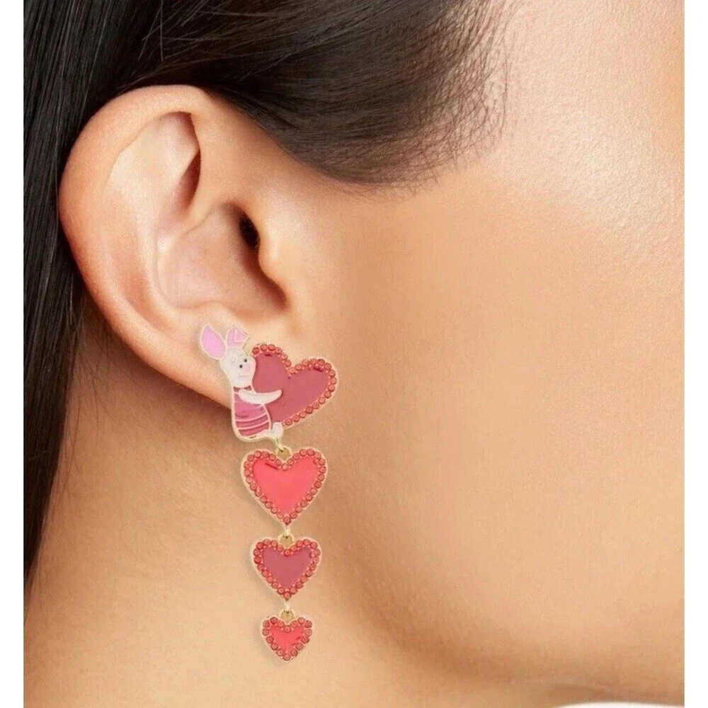 Disney Baublebar Piglet Valentine's Day Red Heart Dangle Earrings w/Crystals NIB